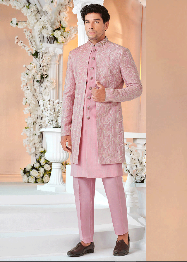 Silk Sherwani in Pink for Men