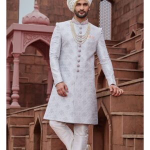 Blue color Digital Print Art Silk Sherwani